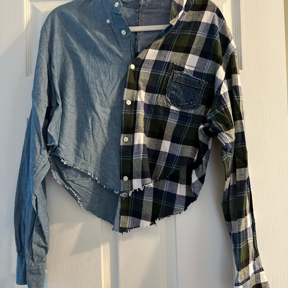 Two-Tone Denim and Plaid Button-Up Shirt